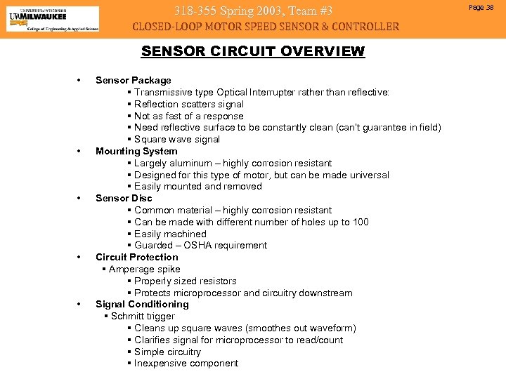 318 -355 Spring 2003, Team #3 CLOSED-LOOP MOTOR SPEED SENSOR & CONTROLLER SENSOR CIRCUIT