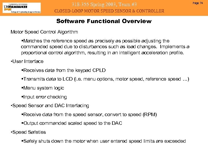 318 -355 Spring 2003, Team #3 CLOSED-LOOP MOTOR SPEED SENSOR & CONTROLLER Software Functional
