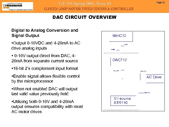 318 -355 Spring 2003, Team #3 CLOSED-LOOP MOTOR SPEED SENSOR & CONTROLLER DAC CIRCUIT