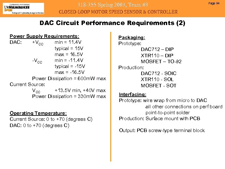 318 -355 Spring 2003, Team #3 Page 94 CLOSED-LOOP MOTOR SPEED SENSOR & CONTROLLER