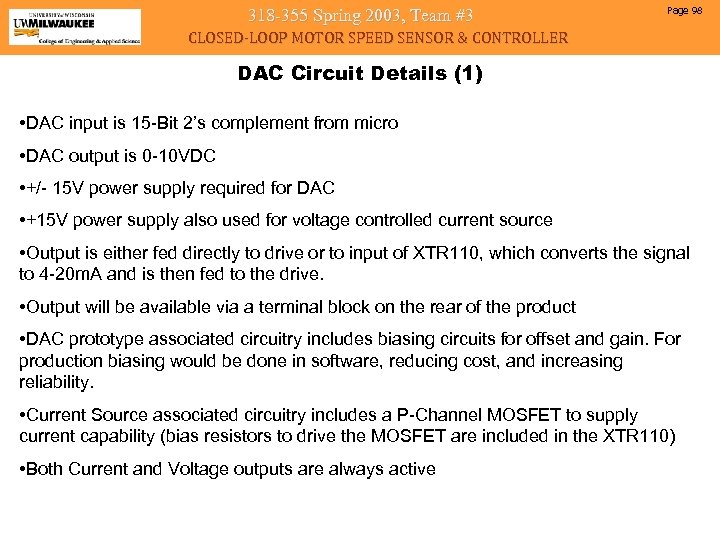 318 -355 Spring 2003, Team #3 Page 98 CLOSED-LOOP MOTOR SPEED SENSOR & CONTROLLER