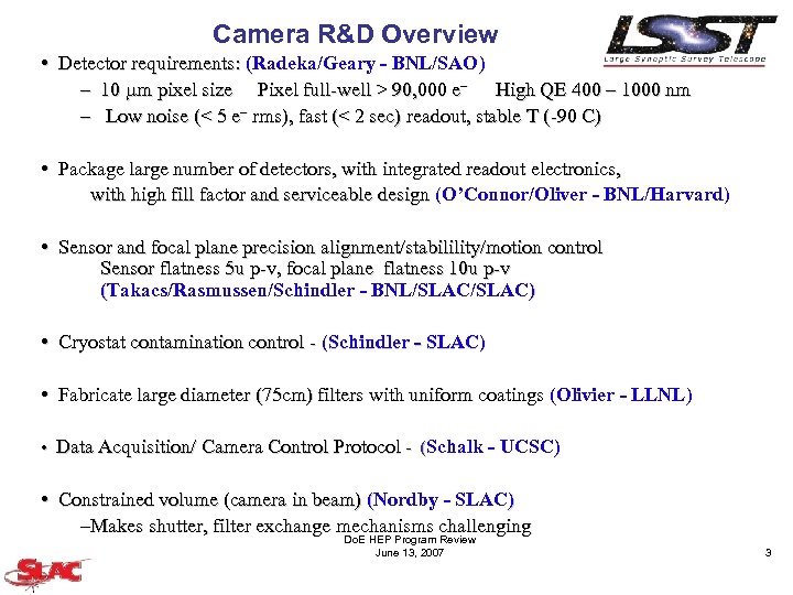 Camera R&D Overview • Detector requirements: (Radeka/Geary - BNL/SAO) – 10 mm pixel size