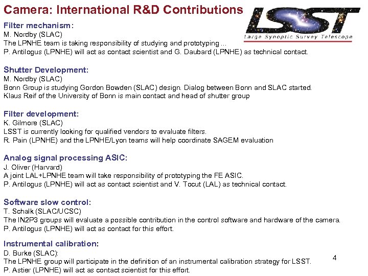 Camera: International R&D Contributions Filter mechanism: M. Nordby (SLAC) The LPNHE team is taking