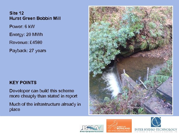 Site 12 Hurst Green Bobbin Mill Power: 6 k. W Energy: 20 MWh Revenue: