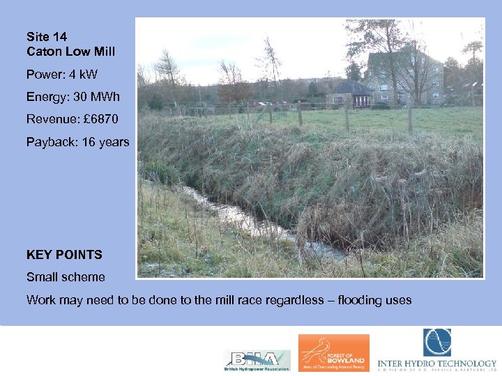 Site 14 Caton Low Mill Power: 4 k. W Energy: 30 MWh Revenue: £
