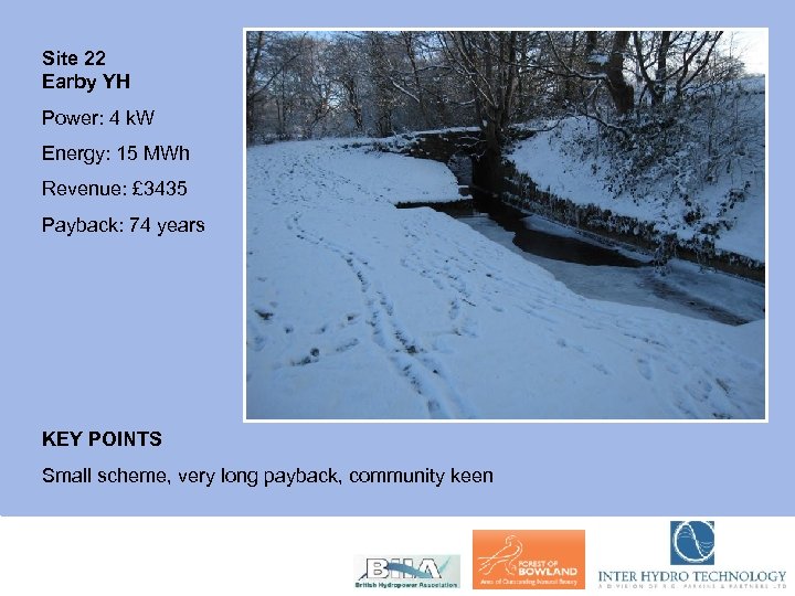 Site 22 Earby YH Power: 4 k. W Energy: 15 MWh Revenue: £ 3435