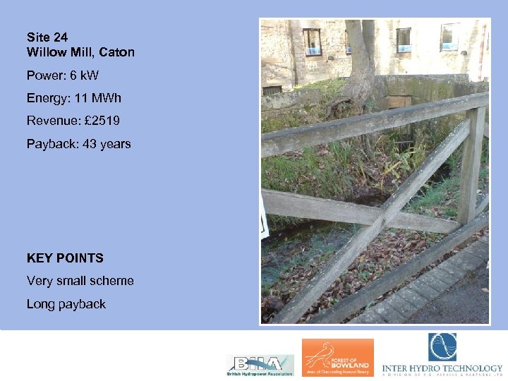 Site 24 Willow Mill, Caton Power: 6 k. W Energy: 11 MWh Revenue: £