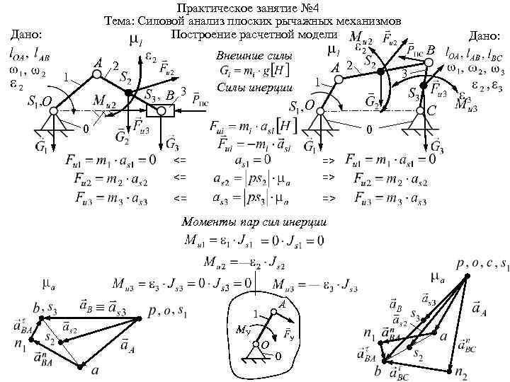 Практическое занятие № 4 Тема: Силовой анализ плоских рычажных механизмов Построение расчетной модели Дано: