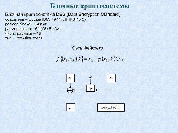 Блочные криптосистемы Блочная криптосистема DES (Data Encryption Standard) создатель – фирма IBM, 1977 г.