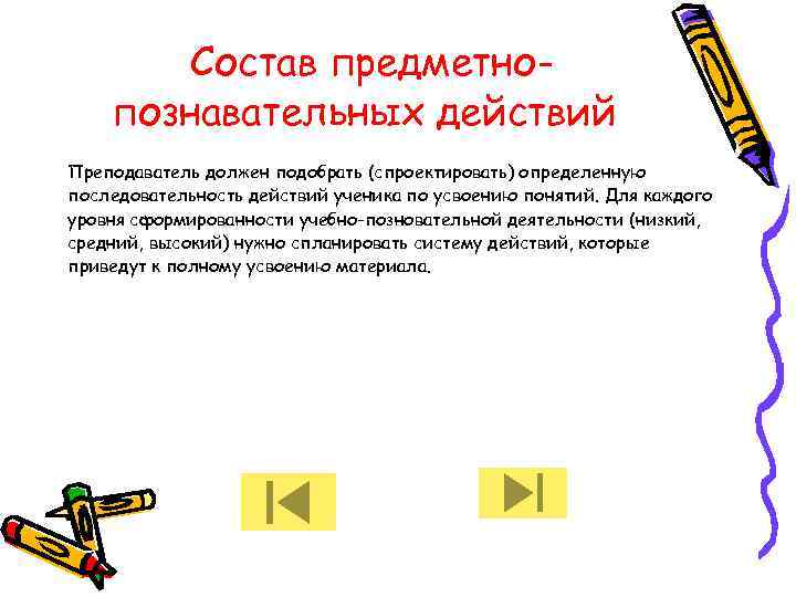 Состав предметнопознавательных действий Преподаватель должен подобрать (спроектировать) определенную последовательность действий ученика по усвоению понятий.