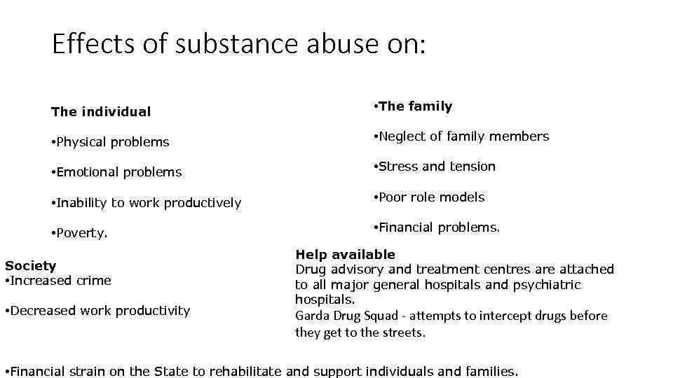 Effects of substance abuse on: The individual • The family • Physical problems •