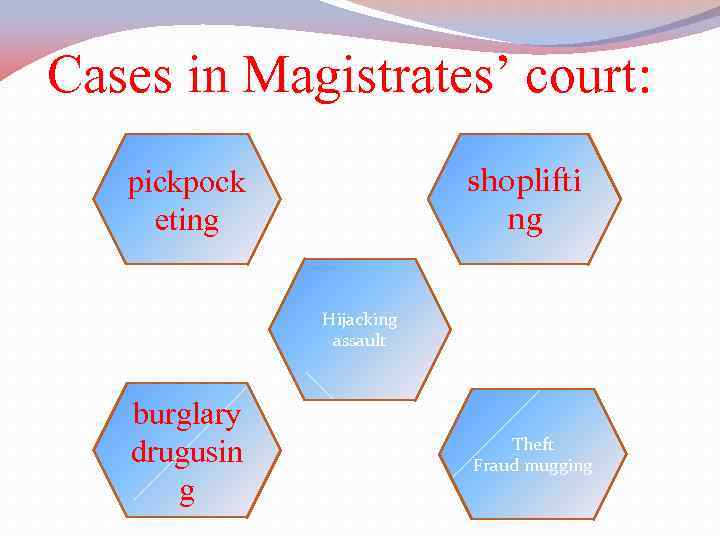 Cases in Magistrates’ court: shoplifti ng pickpock eting Hijacking assault burglary drugusin g Theft