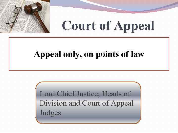 Court of Appeal only, on points of law Lord Chief Justice, Heads of Division