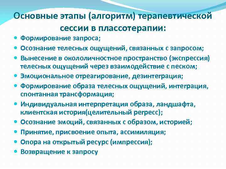 Основные этапы (алгоритм) терапевтической сессии в плассотерапии: Формирование запроса; Осознание телесных ощущений, связанных с