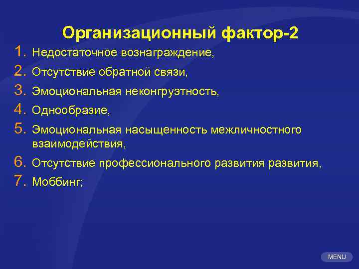 Организационный фактор-2 1. 2. 3. 4. 5. Недостаточное вознаграждение, 6. 7. Отсутствие профессионального развития,