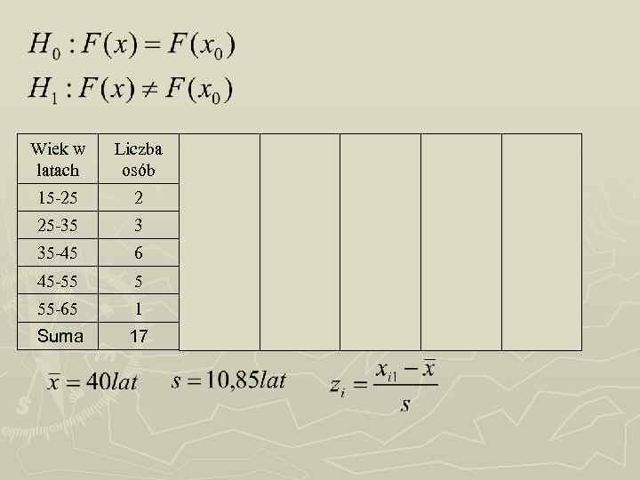 Wiek w latach Liczba osób Z F(Z) nisk F(X) 15 -25 2 -1, 38