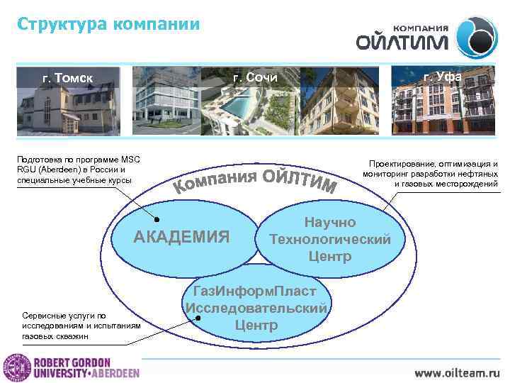 Структура компании Подготовка по программе MSC RGU (Aberdeen) в России и специальные учебные курсы