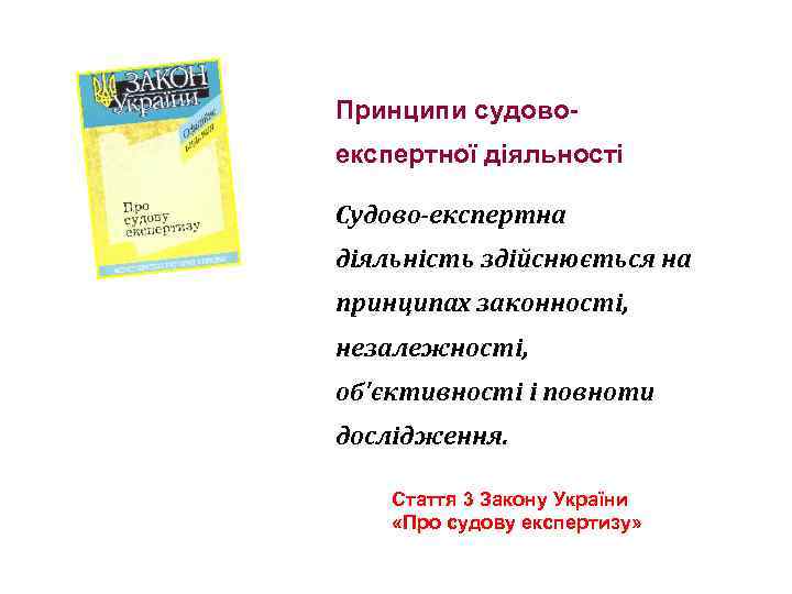 Принципи судовоекспертної діяльності Судово-експертна діяльність здійснюється на принципах законності, незалежності, об'єктивності і повноти дослідження.