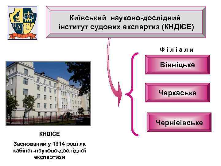 Київський науково-дослідний інститут судових експертиз (КНДІСЕ) Філіали Вінніцьке Черкаське Черніеівське КНДІСЕ Заснований у 1914