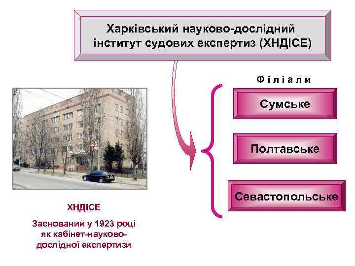 Харківський науково-дослідний інститут судових експертиз (ХНДІСЕ) Філіали Сумське Полтавське ХНДІСЕ Заснований у 1923 році
