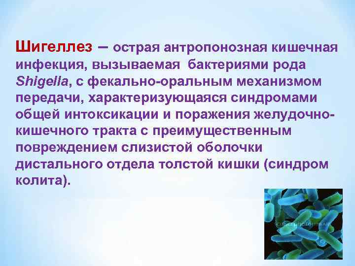 Шигеллез – острая антропонозная кишечная инфекция, вызываемая бактериями рода Shigella, с фекально-оральным механизмом передачи,