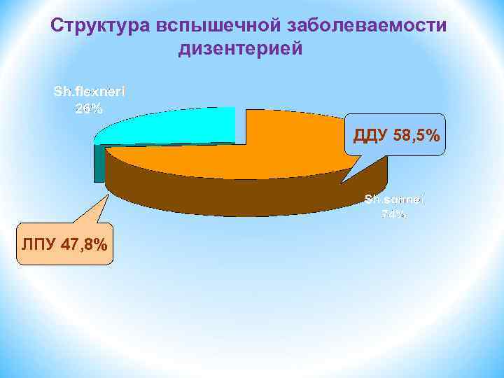 Структура вспышечной заболеваемости дизентерией ДДУ 58, 5% ЛПУ 47, 8% 