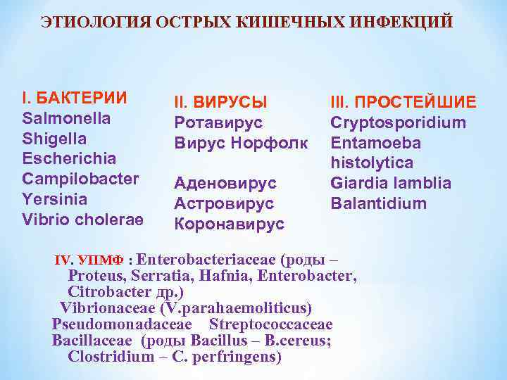 ЭТИОЛОГИЯ ОСТРЫХ КИШЕЧНЫХ ИНФЕКЦИЙ I. БАКТЕРИИ Salmonella Shigella Escherichia Campilobacter Yersinia Vibrio сholeraе II.