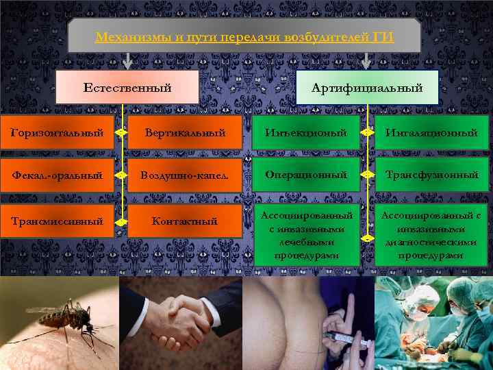Механизмы и пути передачи возбудителей ГИ Естественный Артифициальный Горизонтальный Вертикальный Инъекционый Ингаляционный Фекал. -оральный