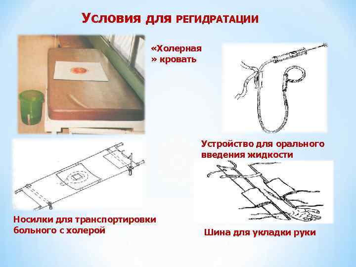  Условия для РЕГИДРАТАЦИИ «Холерная » кровать Устройство для орального введения жидкости Носилки для