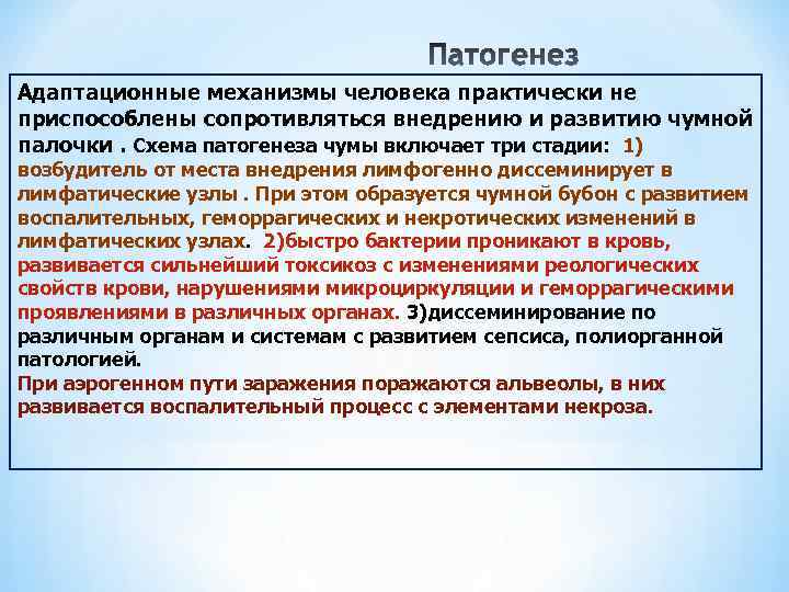 Адаптационные механизмы человека практически не приспособлены сопротивляться внедрению и развитию чумной палочки. Схема патогенеза