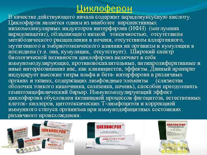 Циклоферон В качестве действующего начала содержит акридонуксусную кислоту. Циклоферон является одним из наиболее перспективных