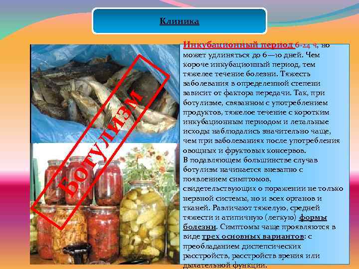 Клиника Бо ту ли з м Инкубационный период 6 24 ч, но ч может