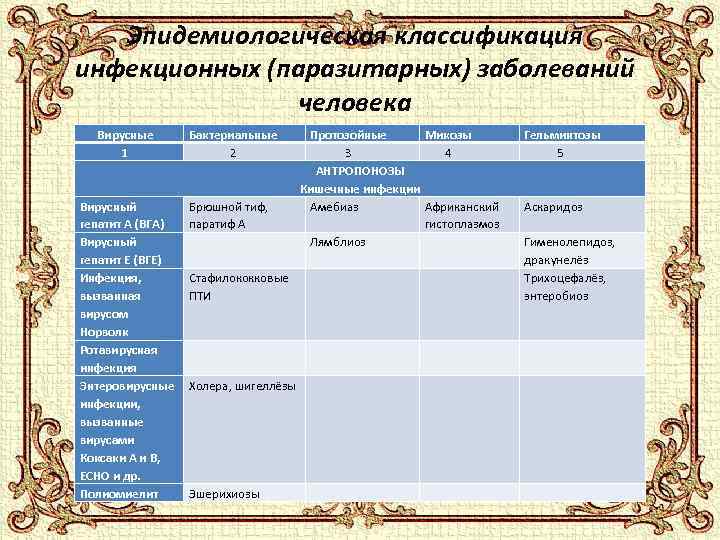 Эпидемиологическая классификация инфекционных (паразитарных) заболеваний человека Вирусные 1 Бактериальные 2 Вирусный гепатит А (ВГА)