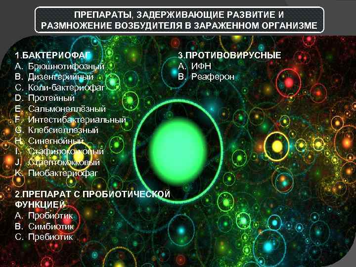 ПРЕПАРАТЫ, ЗАДЕРЖИВАЮЩИЕ РАЗВИТИЕ И РАЗМНОЖЕНИЕ ВОЗБУДИТЕЛЯ В ЗАРАЖЕННОМ ОРГАНИЗМЕ 1. БАКТЕРИОФАГ A. Брюшнотифозный B.