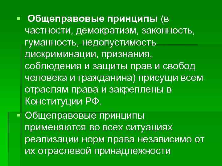 § Общеправовые принципы (в частности, демократизм, законность, гуманность, недопустимость дискриминации, признания, соблюдения и защиты