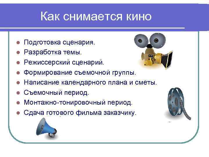 Как снимается кино l l l l Подготовка сценария. Разработка темы. Режиссерский сценарий. Формирование