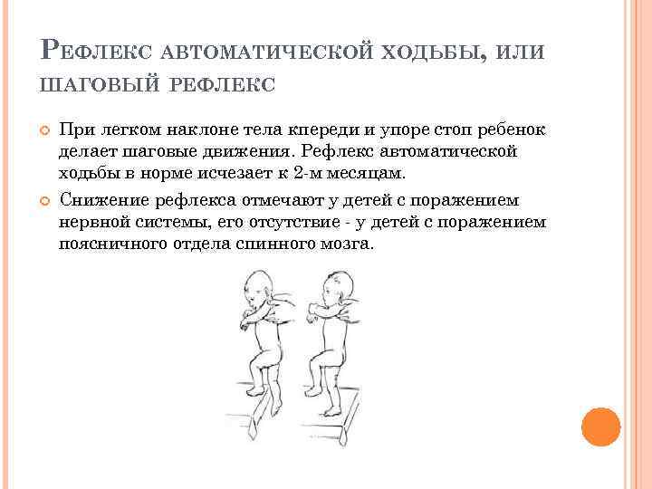 РЕФЛЕКС АВТОМАТИЧЕСКОЙ ХОДЬБЫ, ИЛИ ШАГОВЫЙ РЕФЛЕКС При легком наклоне тела кпереди и упоре стоп