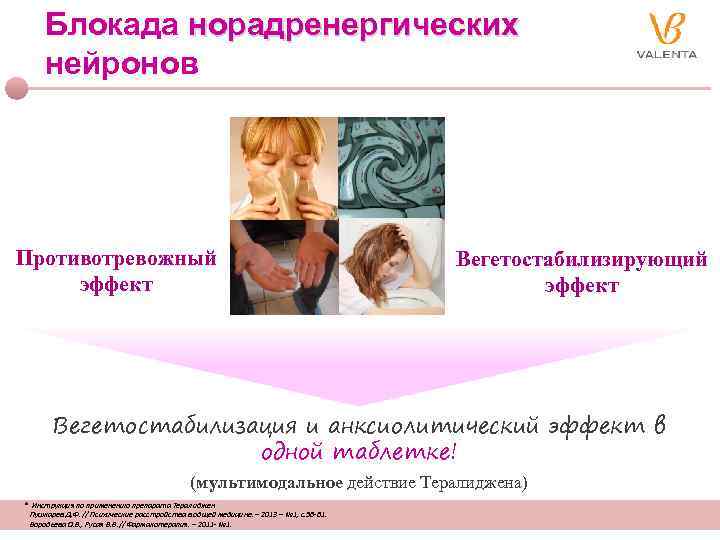 Блокада норадренергических нейронов Противотревожный эффект Вегетостабилизирующий эффект Вегетостабилизация и анксиолитический эффект в одной таблетке!