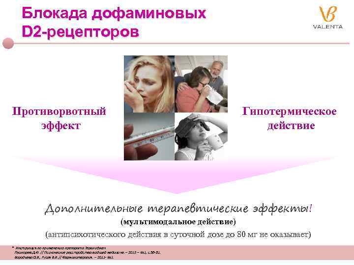 Блокада дофаминовых D 2 -рецепторов Противорвотный эффект Гипотермическое действие Дополнительные терапевтические эффекты! (мультимодальное действие)