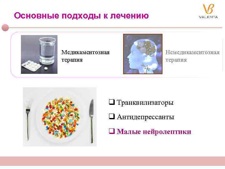 Основные подходы к лечению Медикаментозная терапия Немедикаментозная терапия q Транквилизаторы q Антидепрессанты q Малые