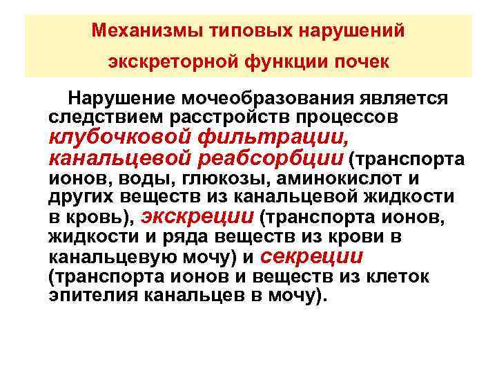 Механизмы типовых нарушений экскреторной функции почек Нарушение мочеобразования является следствием расстройств процессов клубочковой фильтрации,