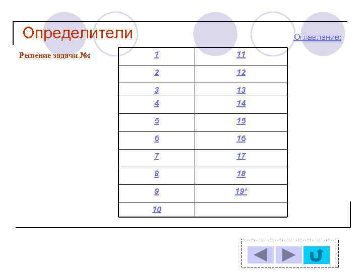 Определители Решение задачи №: Оглавление: 1 11 2 12 3 13 4 14 5