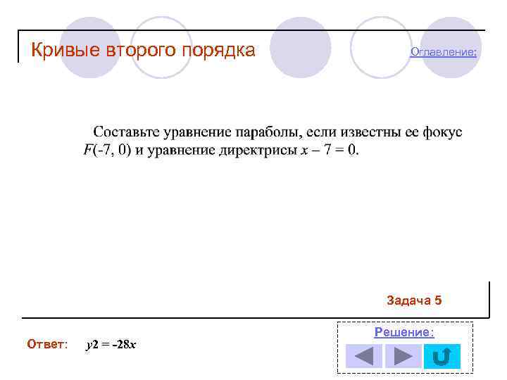 Кривые второго порядка Оглавление: Задача 5 Ответ: y 2 = -28 x Решение: 