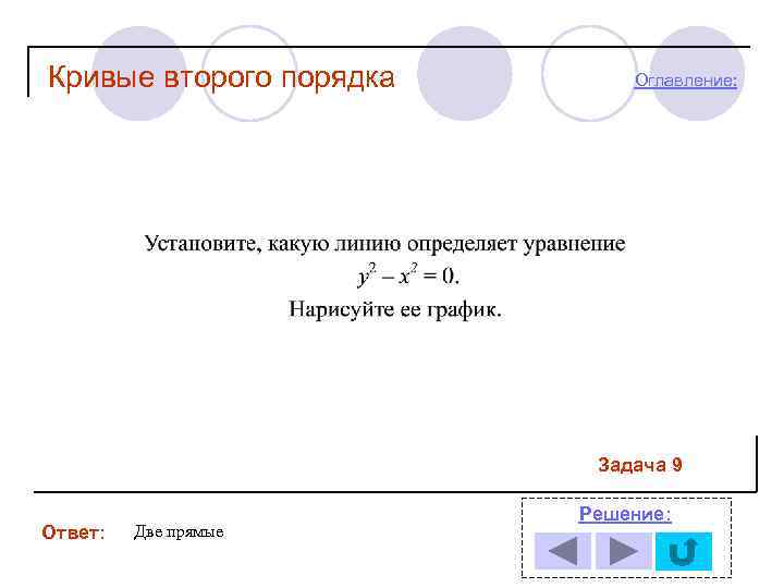 Кривые второго порядка Оглавление: Задача 9 Ответ: Две прямые Решение: 