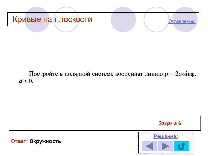 Кривые на плоскости Оглавление: Задача 6 Ответ: Окружность Решение: 