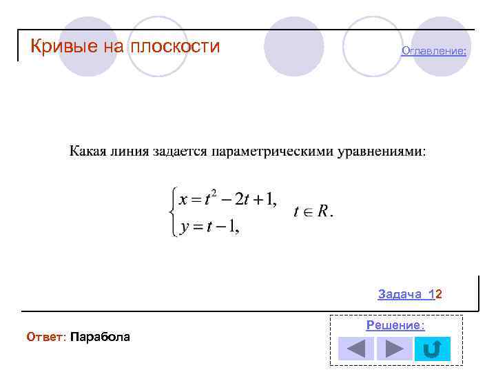 Кривые на плоскости Оглавление: Задача 12 Ответ: Парабола Решение: 