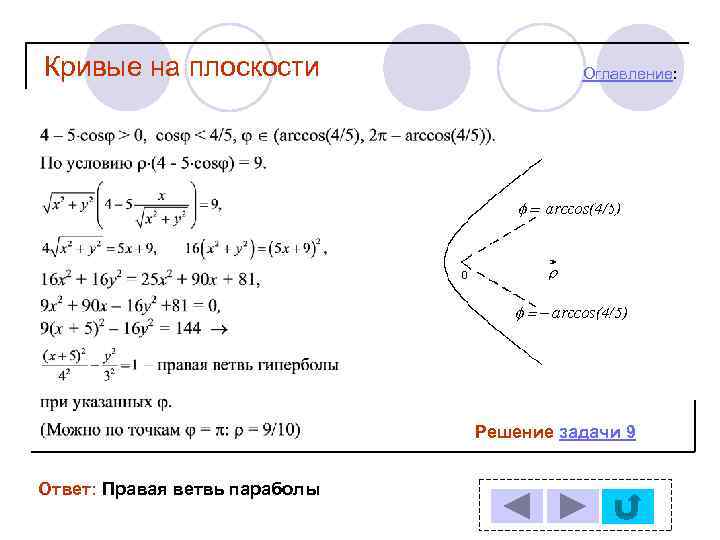 Кривые на плоскости Оглавление: Решение задачи 9 Ответ: Правая ветвь параболы 