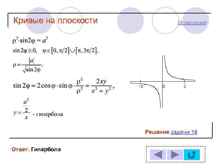 Кривые на плоскости Оглавление: Решение задачи 10 Ответ: Гипербола 