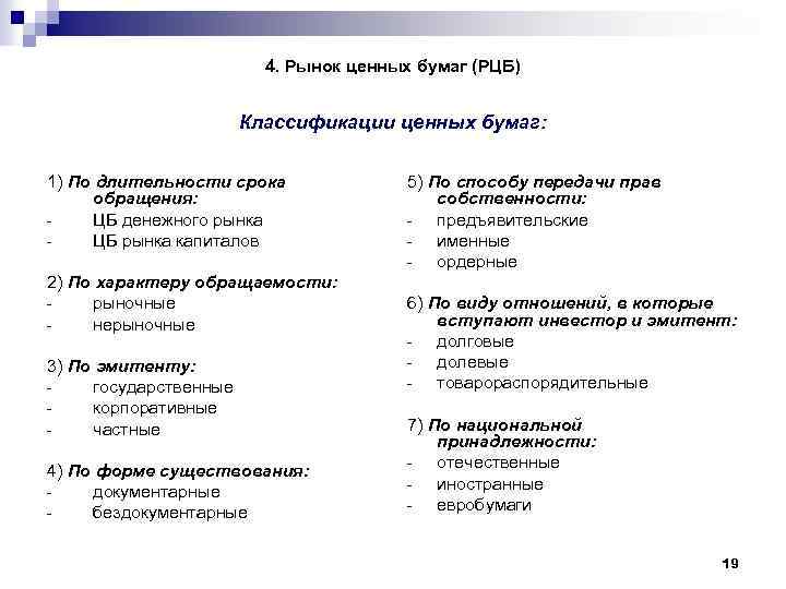 4. Рынок ценных бумаг (РЦБ) Классификации ценных бумаг: 1) По длительности срока обращения: ЦБ