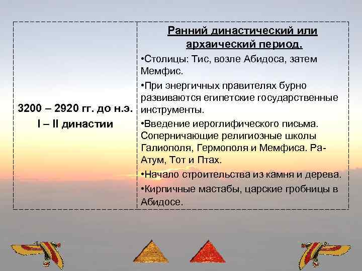 Ранний династический или архаический период. • Столицы: Тис, возле Абидоса, затем Мемфис. • При